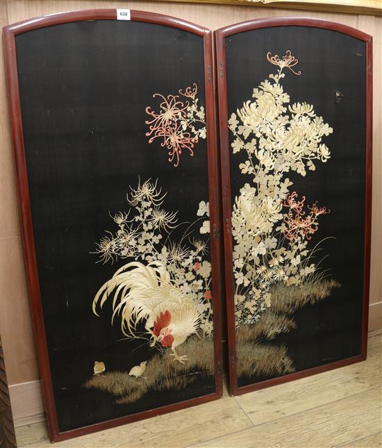 A two panelled Japanese silk embroidered screen, H.136cm